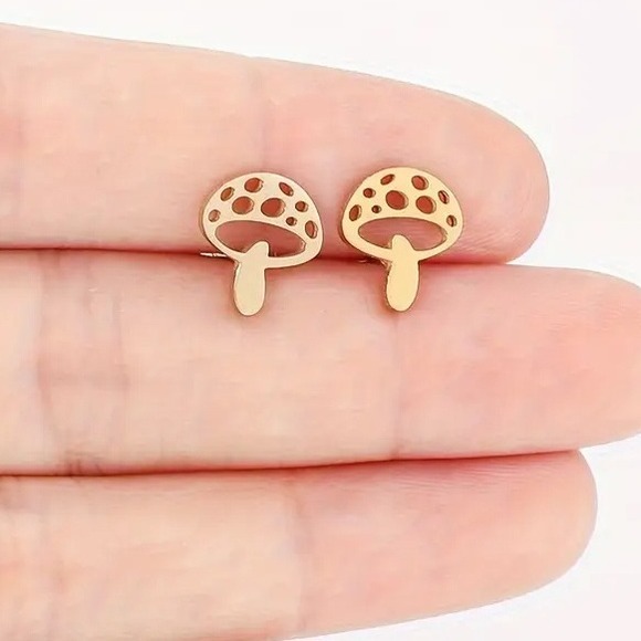 Gold Mushroom Earrings Gold Tone Stainless‎ Steel Funky Cute Stud Earrings Steel - Picture 5 of 6